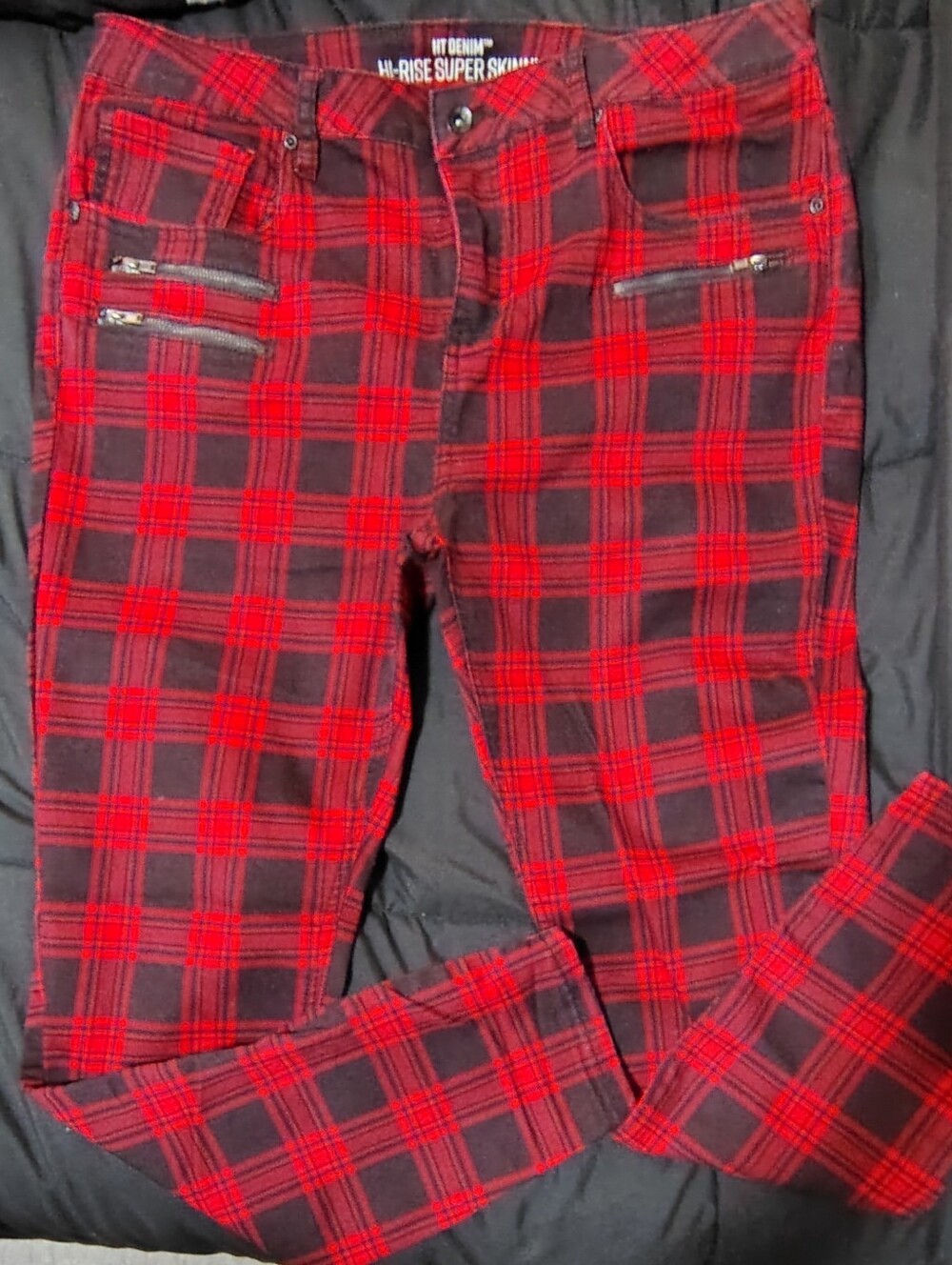 Hot Topic Hi-Rise Super Skinny Red Plaid Jeans with Zip Pocket Detail